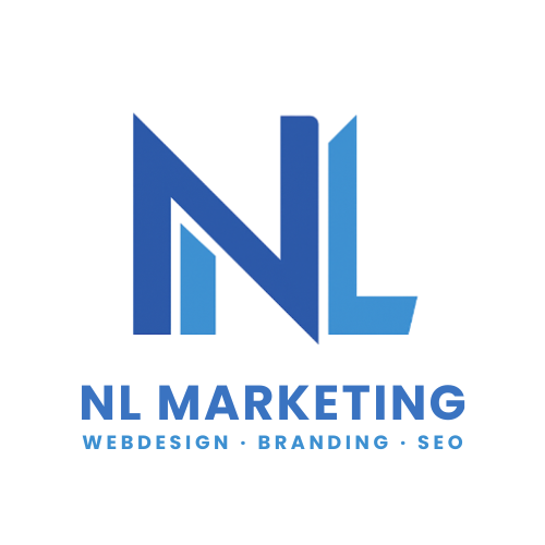 Blåt og hvidt firmalogo med initialerne NL og teksten “NL Marketing – Webdesign · Branding · SEO